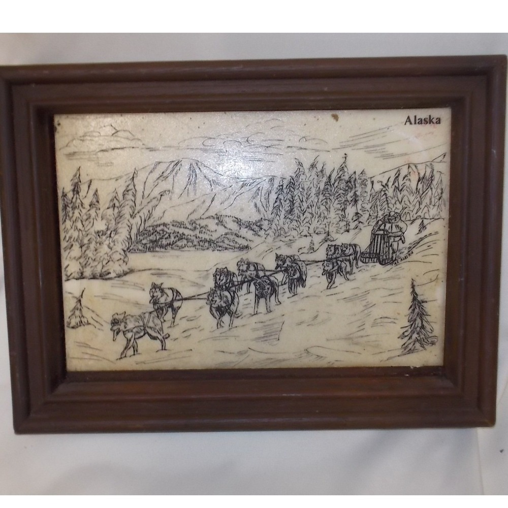 Vintage Alaska Dog Sled Scrimshaw Style Art Framed Mountain Landscape Decor - Picture 1 of 4
